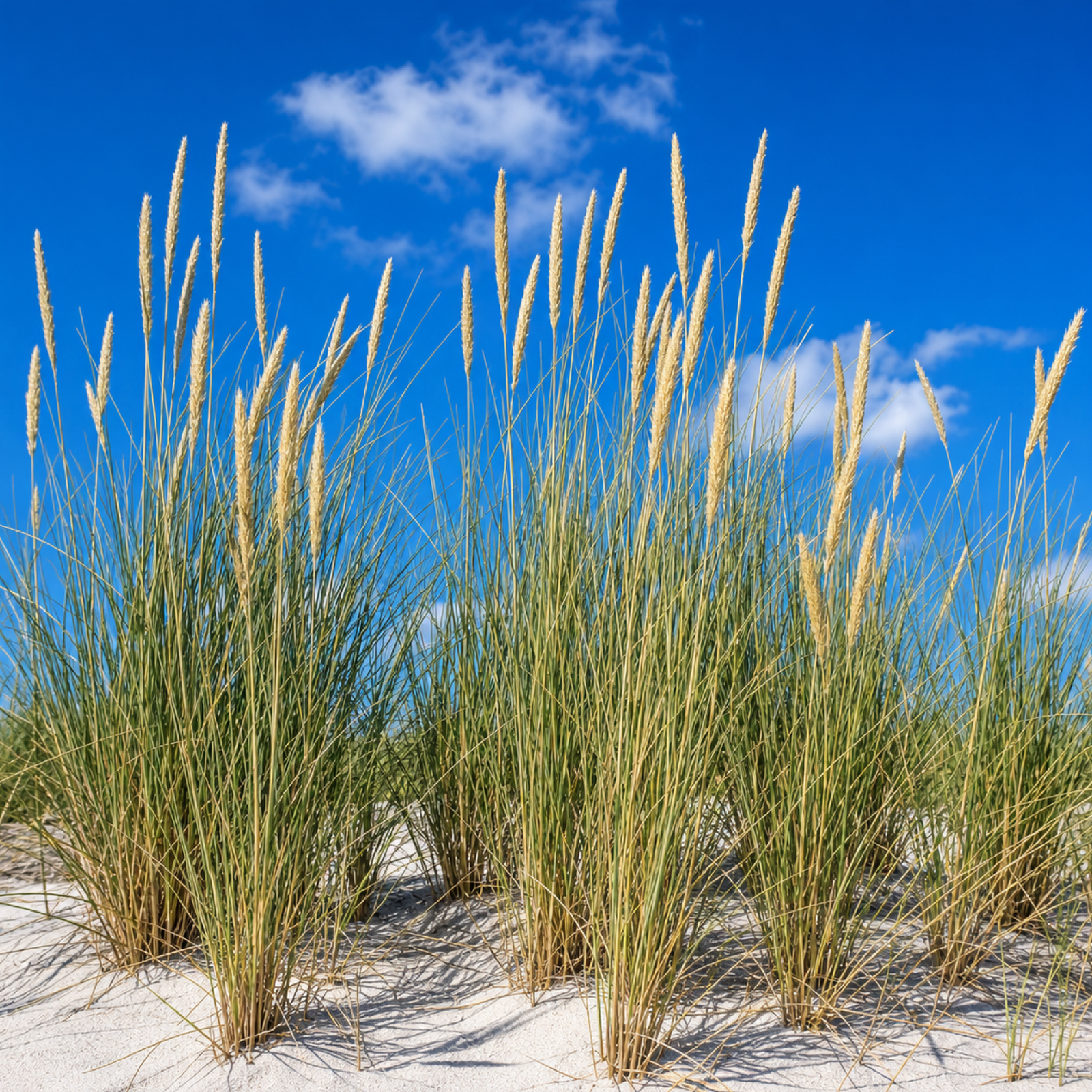 Strandhafer mit gelben Ähren in der Düne vor blauem Himmel