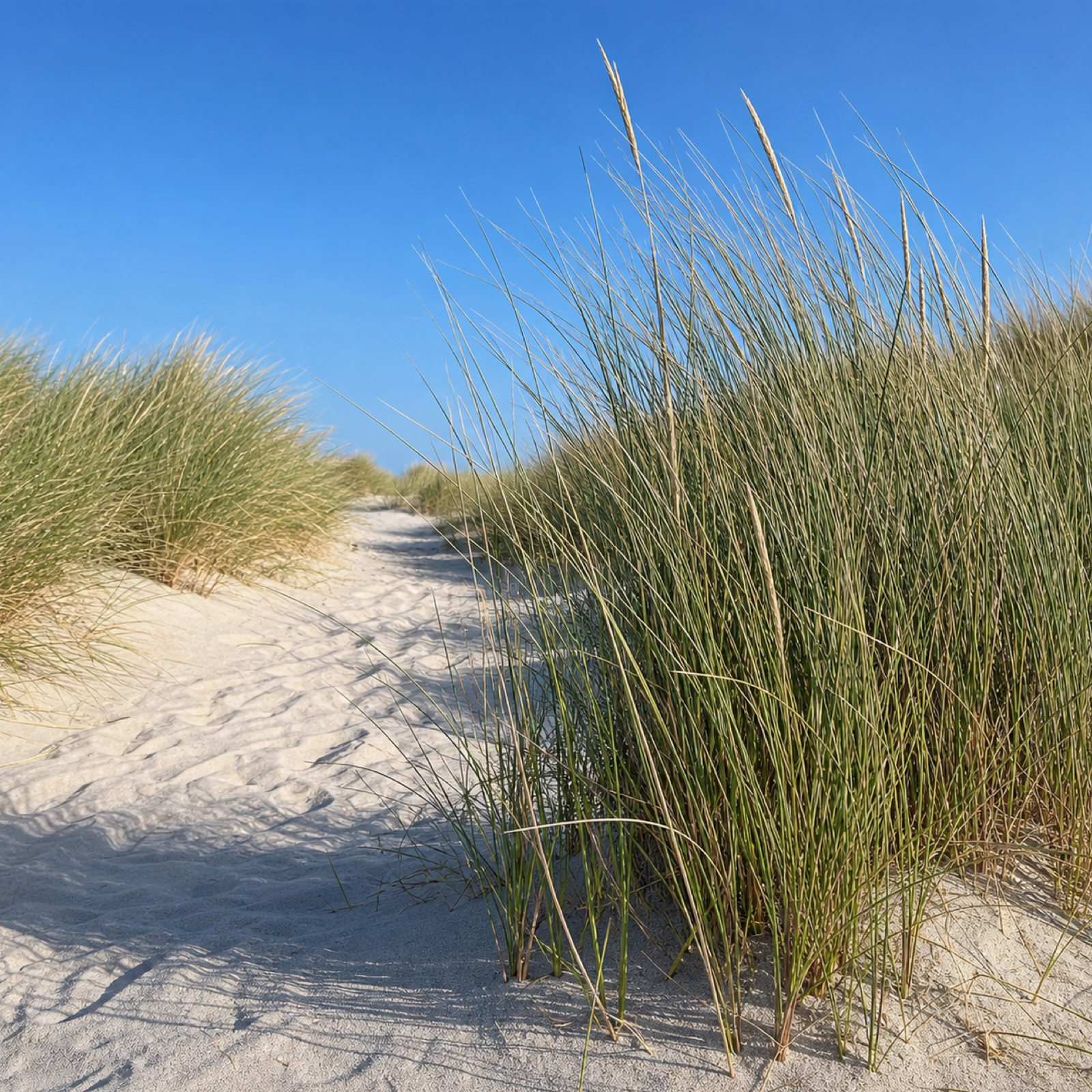 Sandweg durch die Dünen, beidseitig von Strandhafer gesäumt