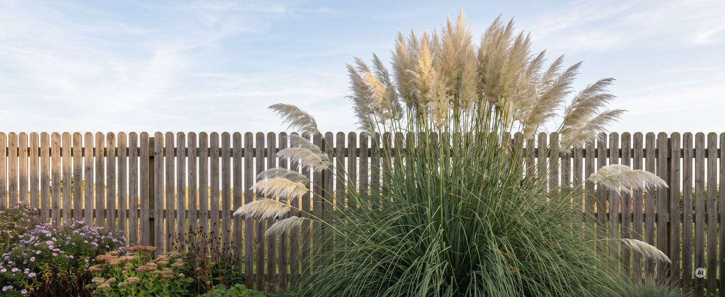 Silbernes Pampasgras Cortaderia selloana 'Sunningdale Silver' im Beet: silbrig-wei&szlig;e Wedel von 45 bis 90 cm L&auml;nge auf selbsttragenden Halmen
