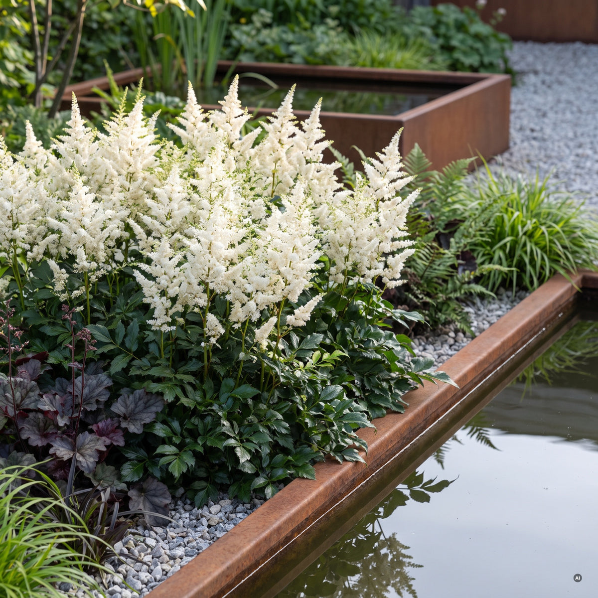 Prachtspiere 'Astary White' in voller Blüte mit reinweißen Rispen am Rand eines Wasserbeckens aus Cortenstahl