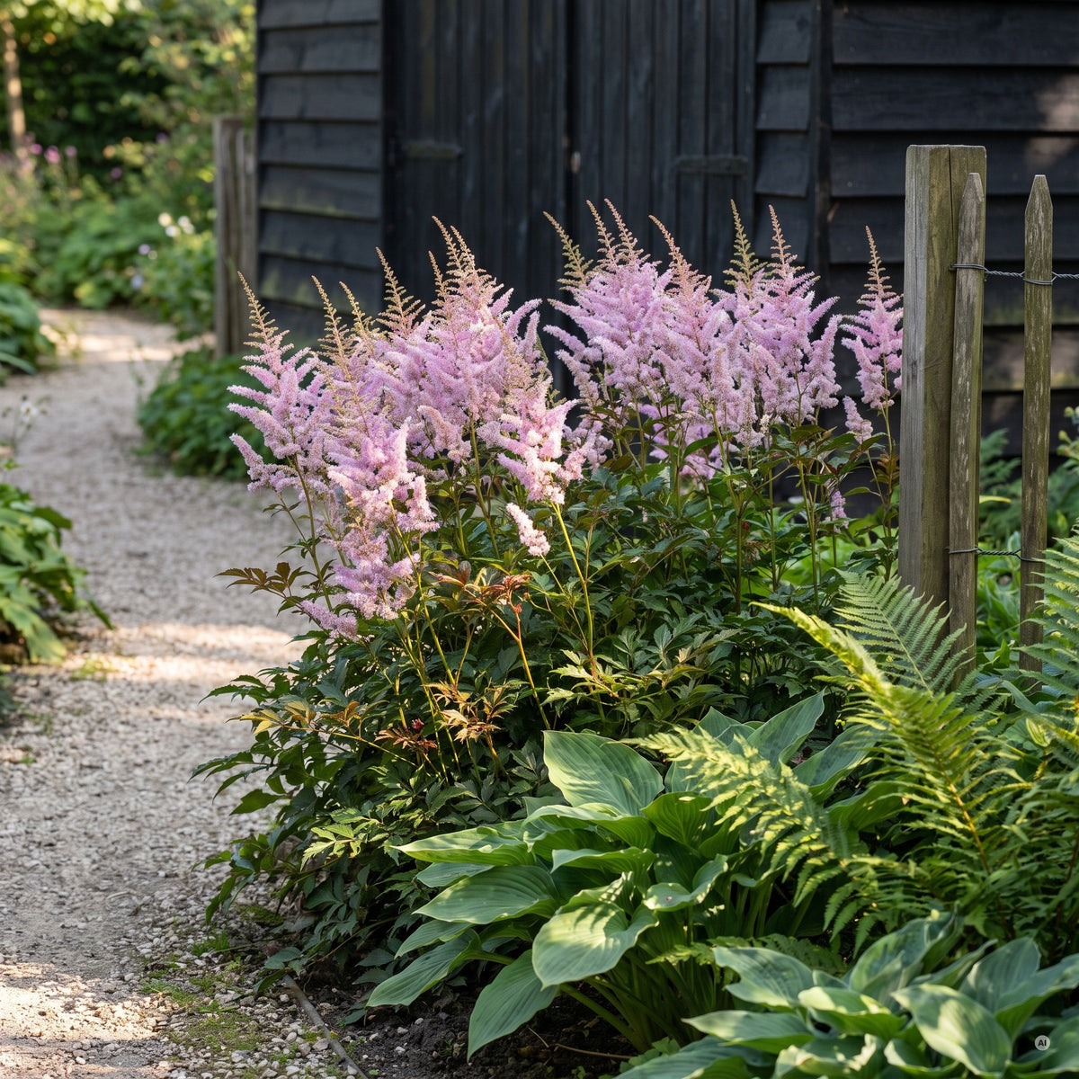 Kiesweg am Holzschuppen, im Hintergrund des Beets hohe 'Erika' in hellem Rosa