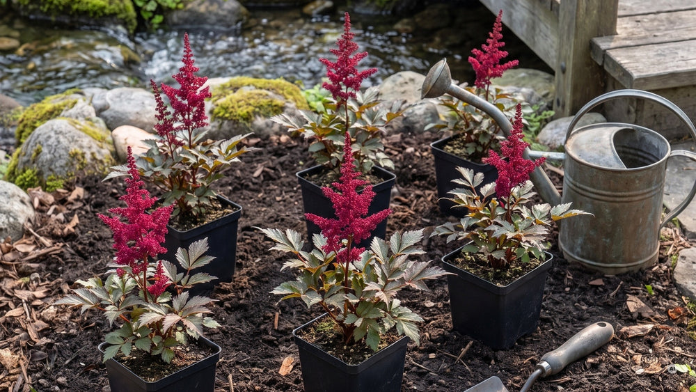 Sechs junge Prachtspieren im 9 x 9 cm Topf auf einem Beet am Bach