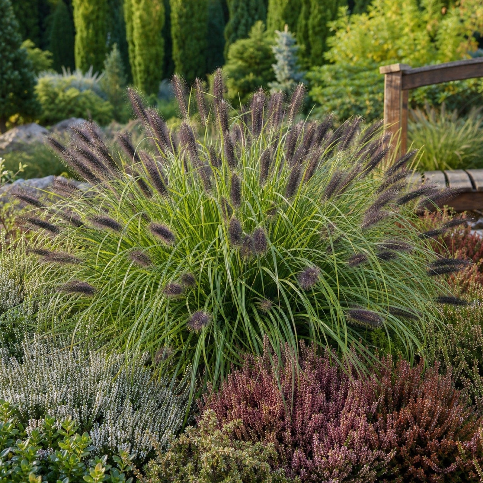 Schwarzes Lampenputzergras Pennisetum alopecuroides 'Black Beauty' als Solitaer im Heidegarten mit bluehender Heide