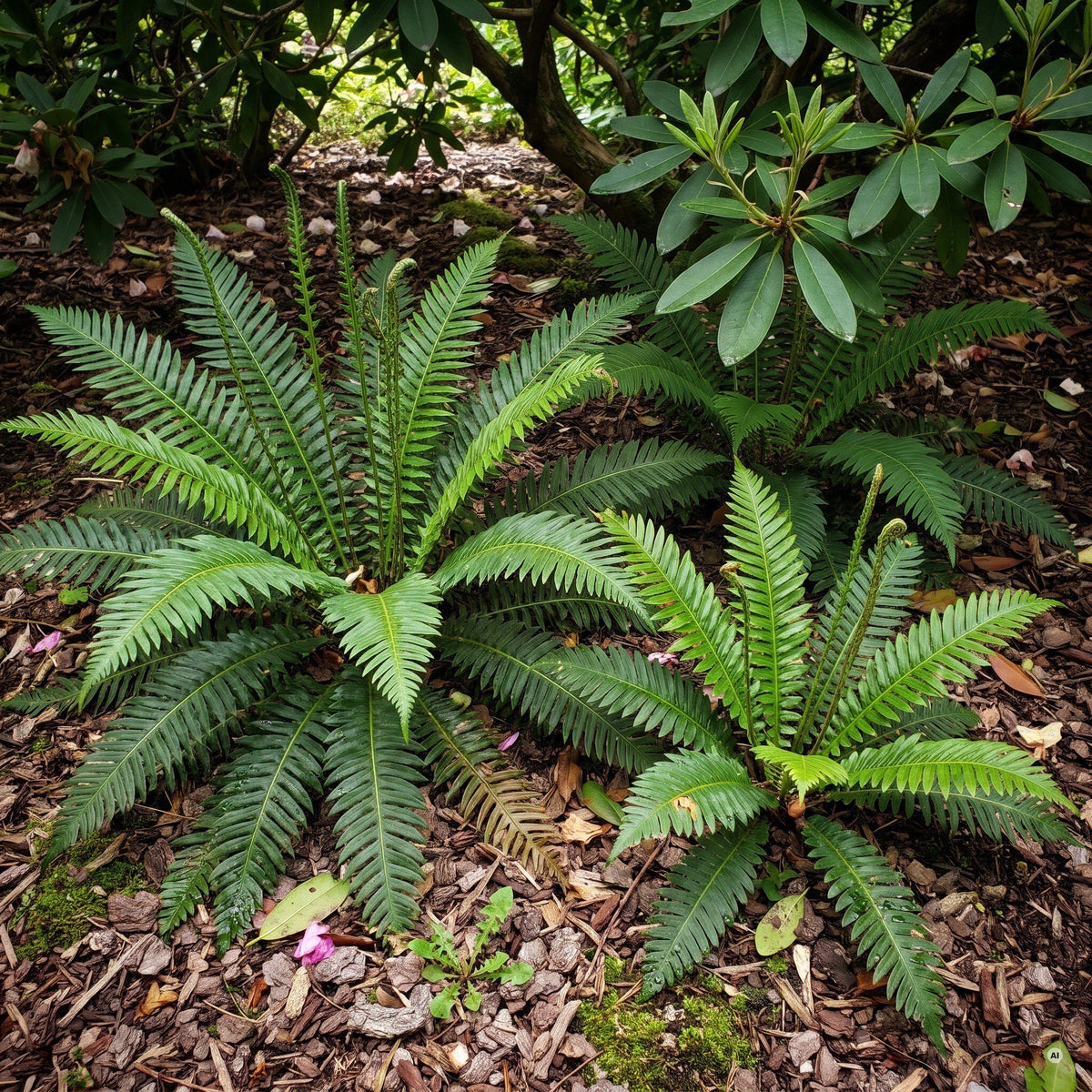 Drei Europäische Rippenfarne (Blechnum spicant) im schattigen Beet unter Rhododendron, flache Blattrosetten mit aufrechten Sporenwedeln