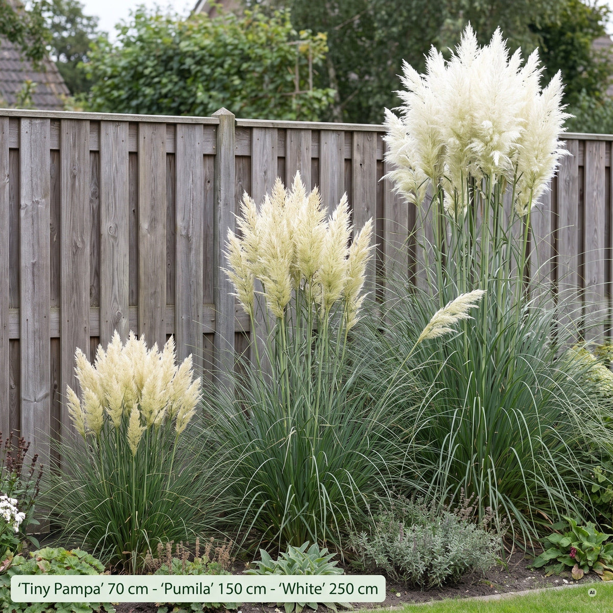 Größenvergleich Pampasgras am Zaun: 'Tiny Pampa' 70 cm, 'Pumila' 150 cm, 'White' 250 cm, Stauden Gänge