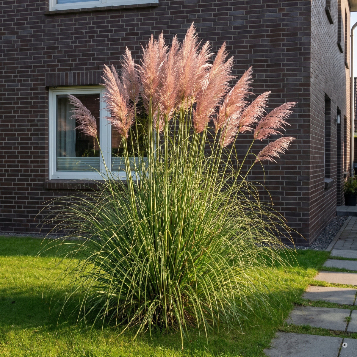 Rosa Pampasgras Cortaderia selloana 'Rosea' als Solitär im Rasen vor einer dunklen Klinkerfassade, zartrosa Federwedel im Herbstlicht