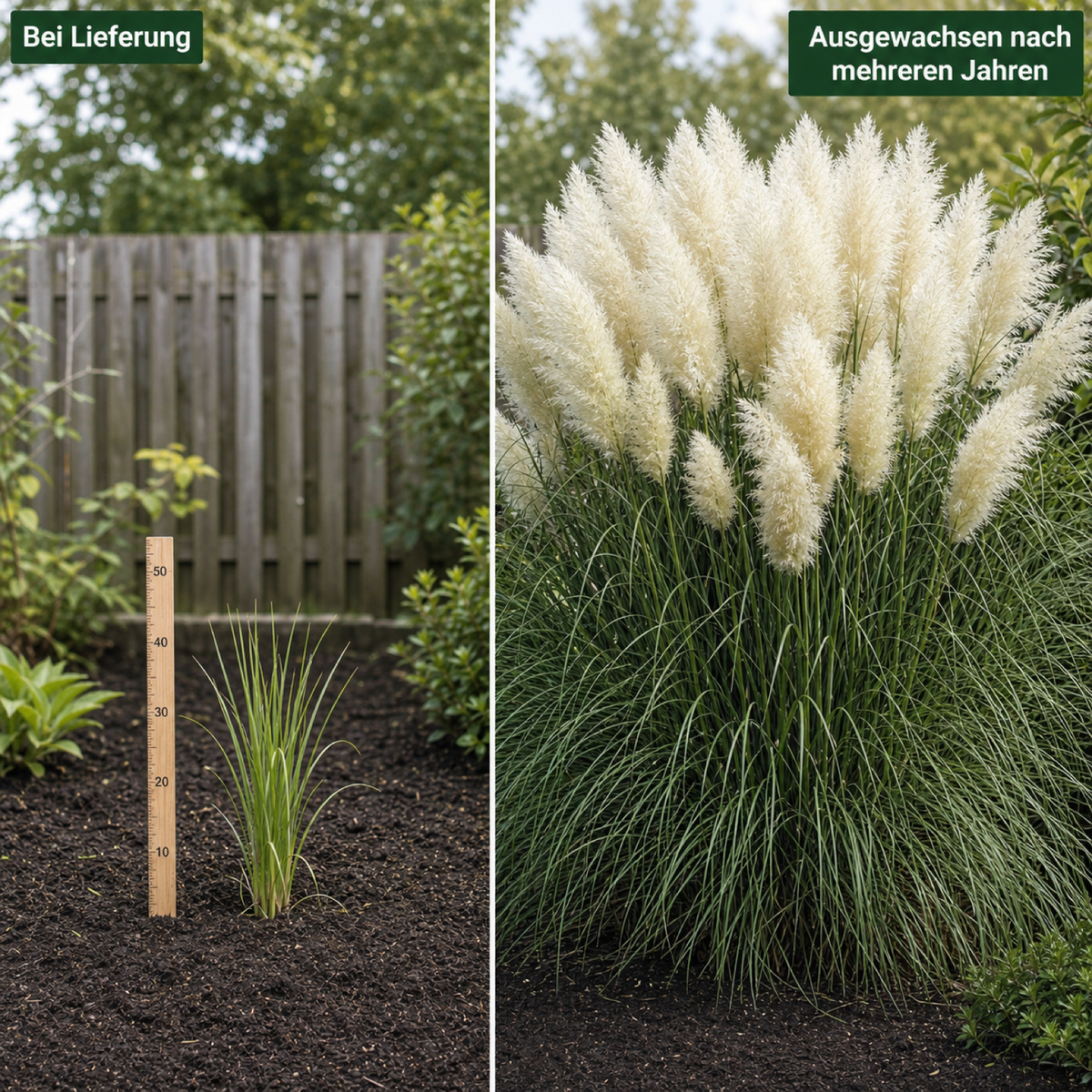 Cortaderia selloana 'White' von Stauden Gänge im Vergleich: Jungpflanze bei Lieferung und ausgewachsenes Pampasgras nach mehreren Jahren.