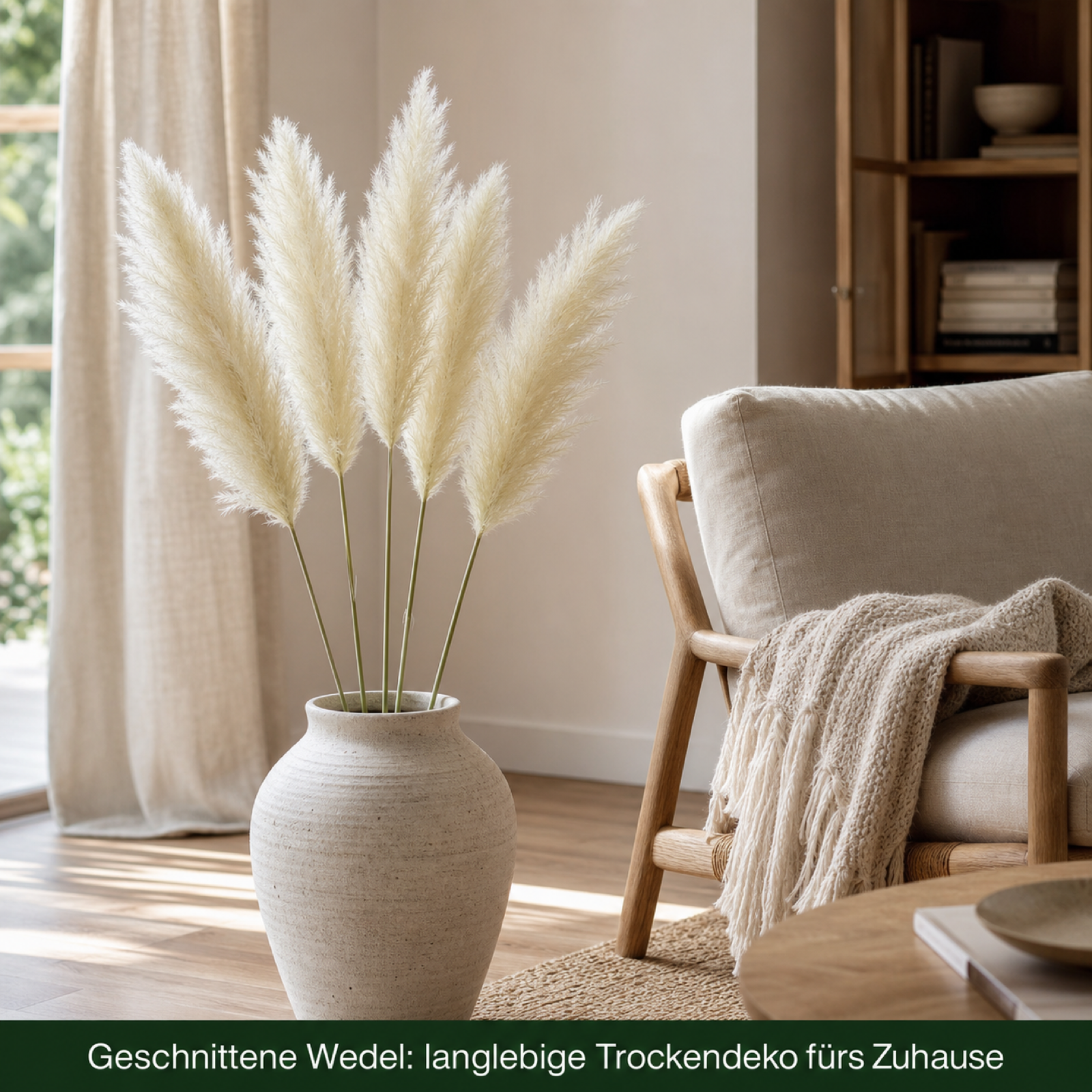 Geschnittene Wedel des weißen Pampasgrases als langlebige Trockendeko in einer Vase im Wohnzimmer.