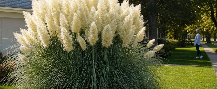 Weißes Pampasgras Cortaderia selloana 'White' als Blickfang im Vorgarten, eine Frau bleibt auf dem Gehweg stehen.