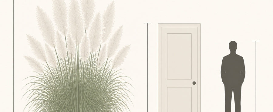 Größenvergleich Cortaderia selloana 'White': Wedel bis 250 cm neben einer Zimmertür mit 200 cm und einer Person.