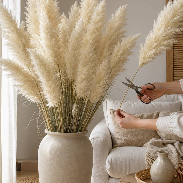 Getrocknete Wedel des weißen Pampasgrases 'White' in einer Keramikvase im hellen Wohnzimmer, eine Hand kürzt einen Stiel.
