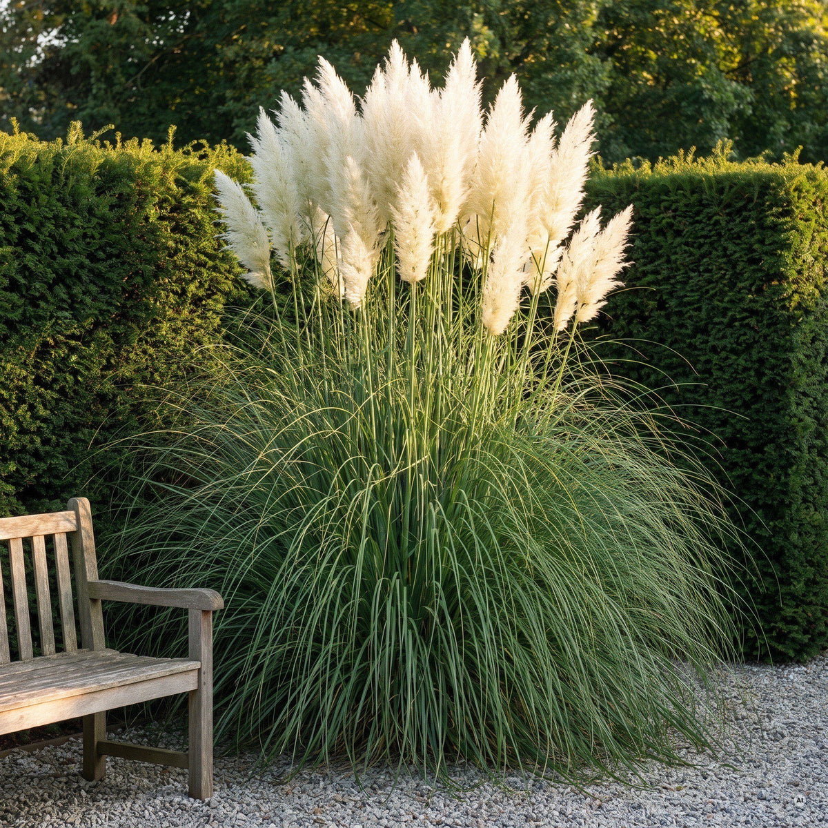 Weißes Pampasgras Cortaderia selloana 'White' als Solitär im Kiesgarten vor einer dunklen Eibenhecke, schneeweiße Federwedel im Herbstlicht