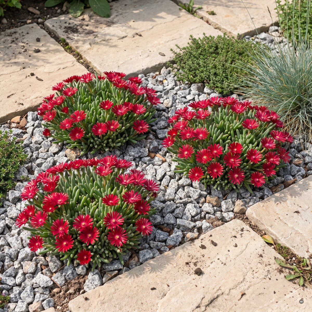 Delosperma 'Jewel of Desert Garnet' – Mittagsblume, rote Polster im Kiesbeet zwischen Trittplatten