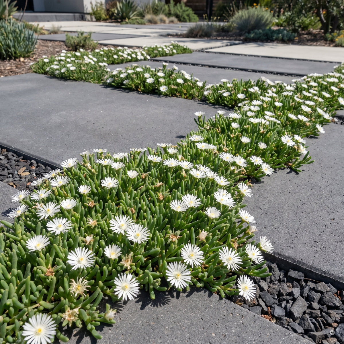 Delosperma 'Jewel of Desert Moonstone' – Mittagsblume, weiße Polster in Basaltsplitt-Fugen zwischen anthrazitfarbenen Betonplatten