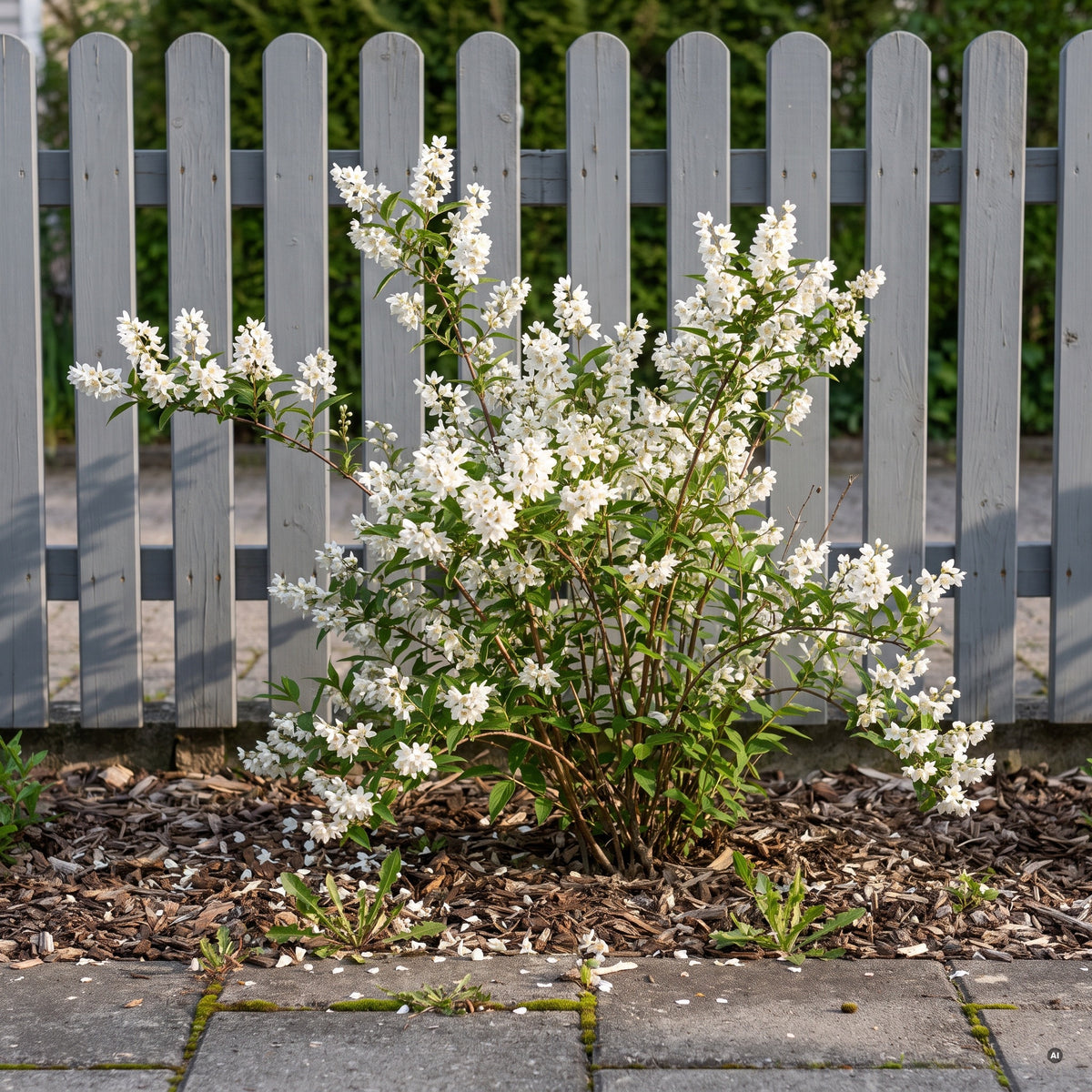 Blühender Maiblumenstrauch Deutzia gracilis mit reinweißen Blütenrispen vor einem grauen Lattenzaun im Vorgarten