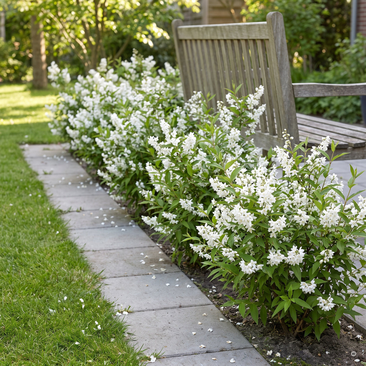 Niedrige Blütenhecke aus Deutzia gracilis entlang eines Plattenwegs im Mai