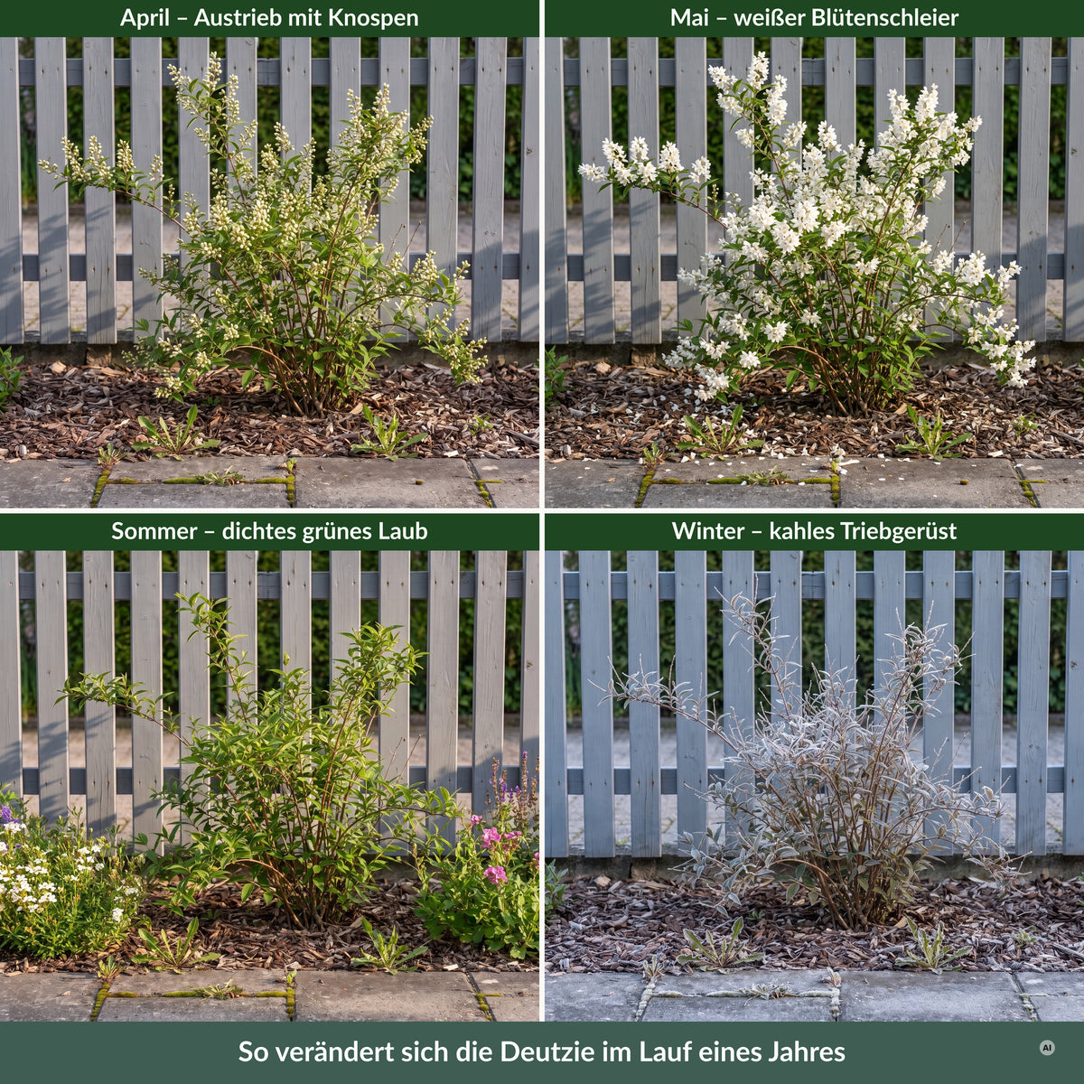 Jahreslauf der Deutzia gracilis: Austrieb im April, Blüte im Mai, grünes Laub im Sommer, kahle Triebe im Winter