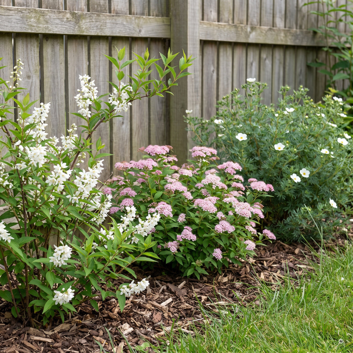 Strauchreihe aus Deutzia gracilis, rosa Zwergspiere und weißem Fingerstrauch an einer Beetkante