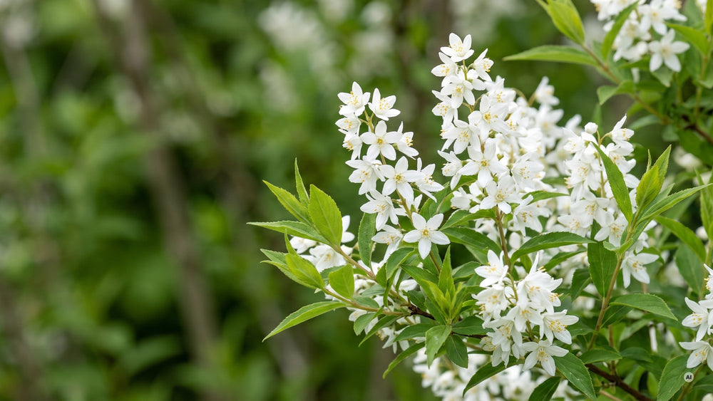 Nahaufnahme: reinweiße Sternblüten der Deutzia gracilis in aufrechten Rispen