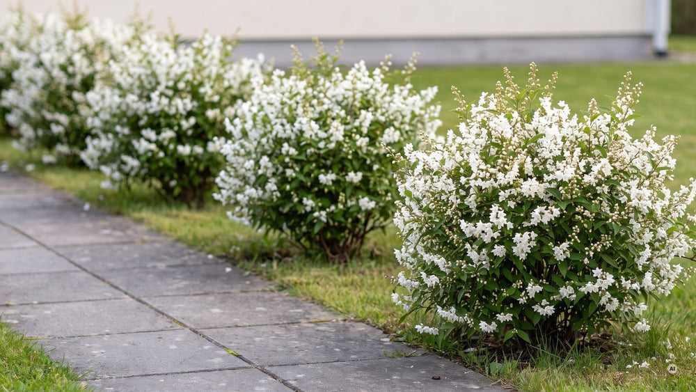 Niedrige Blütenhecke aus fünf weiß blühenden Deutzien am Plattenweg