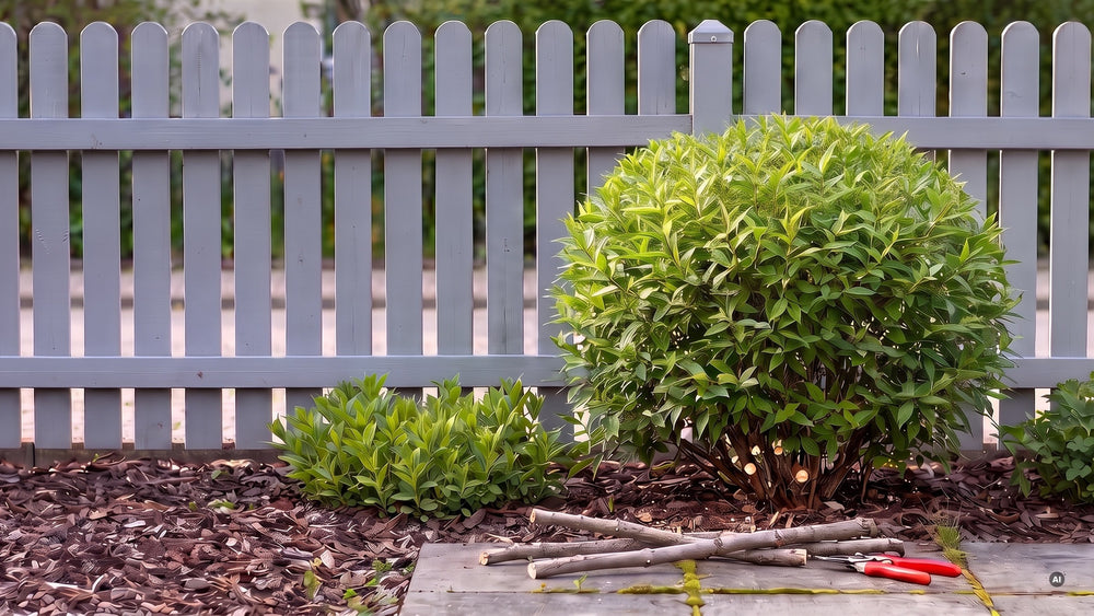 Juni: nach der Blüte ausgelichtet, alte Triebe und Gartenschere auf den Platten