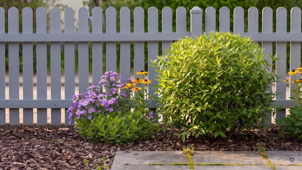 Spätsommer: dicht grüner Strauch zwischen blühenden Astern und Rudbeckien