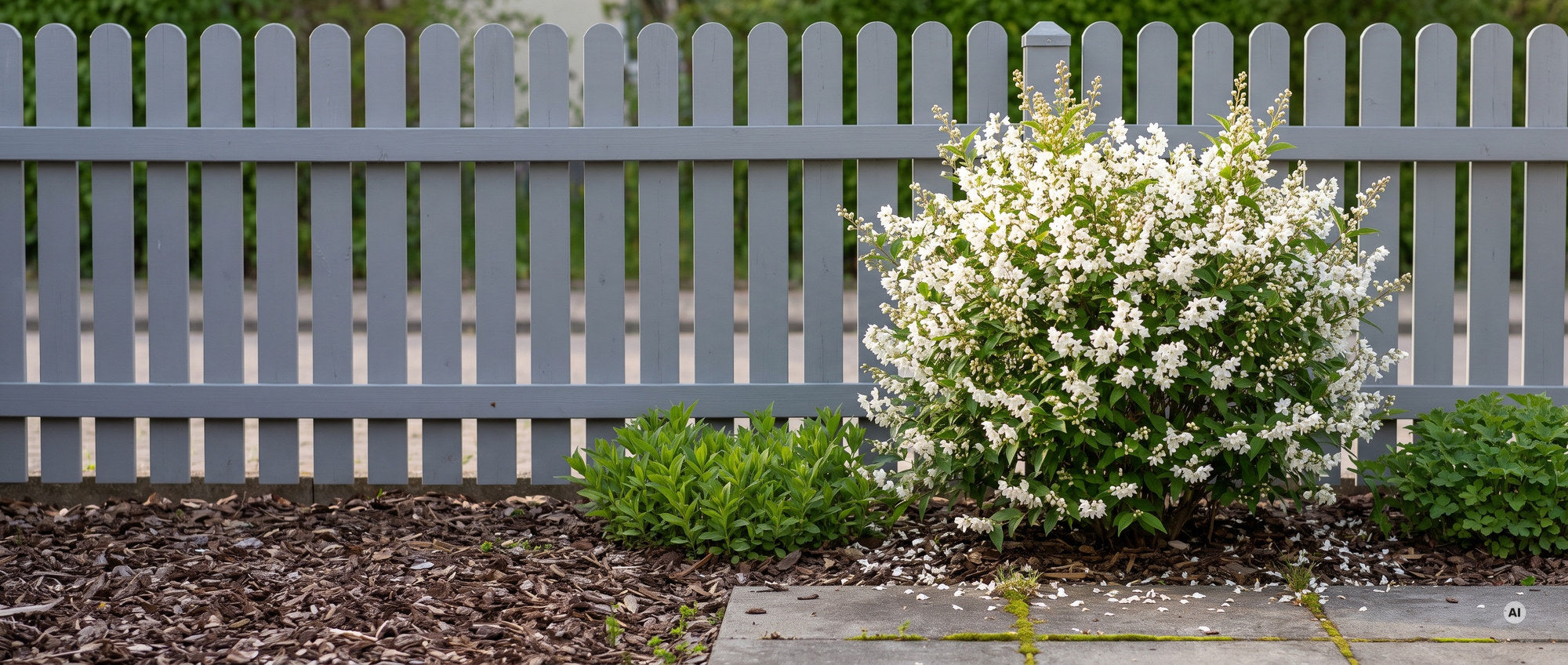 Zierliche Deutzie Deutzia gracilis in voller weißer Blüte vor einem grauen Lattenzaun im Mai