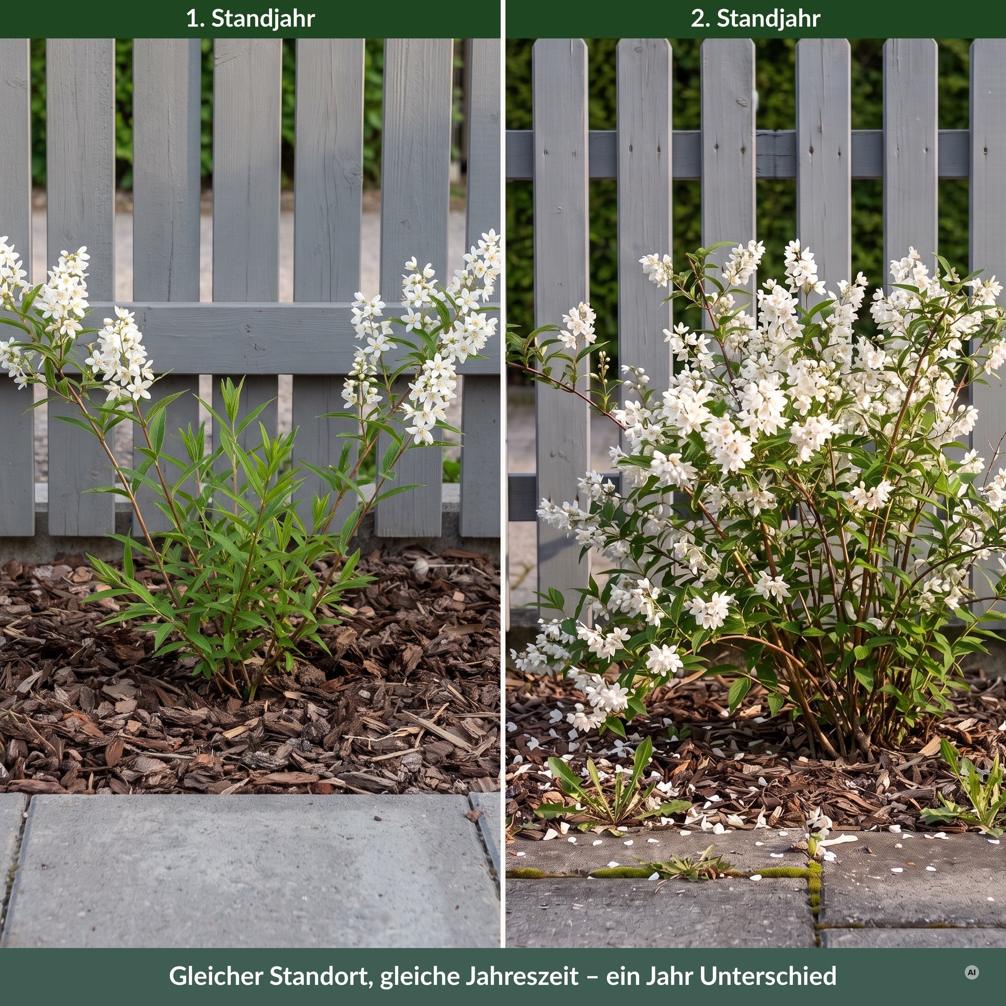 Vergleich am gleichen Standort: Deutzia gracilis im ersten und im zweiten Standjahr