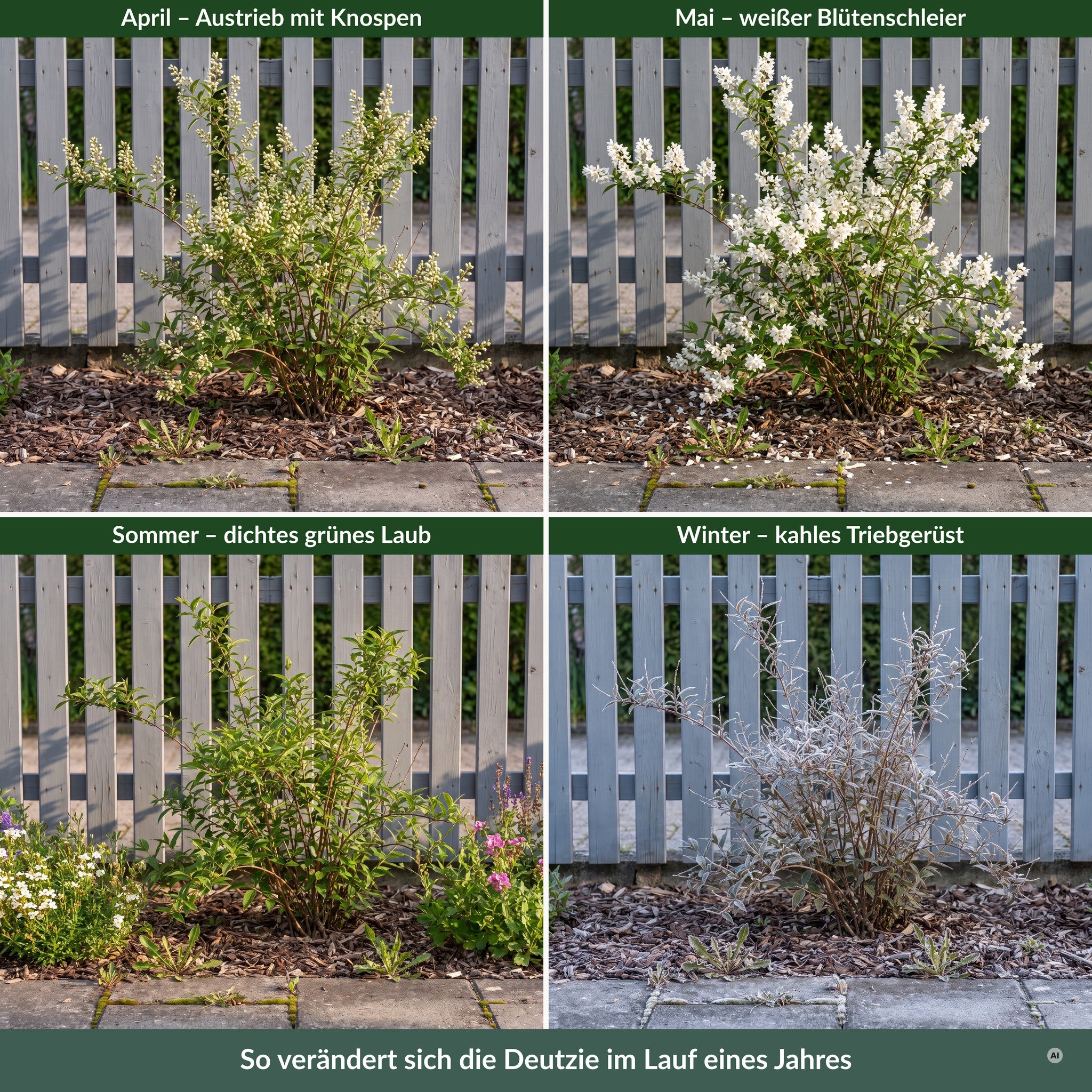 Jahreslauf der Deutzia gracilis: Austrieb im April, weiße Blüte im Mai, grüner Sommer, kahles Wintergerüst