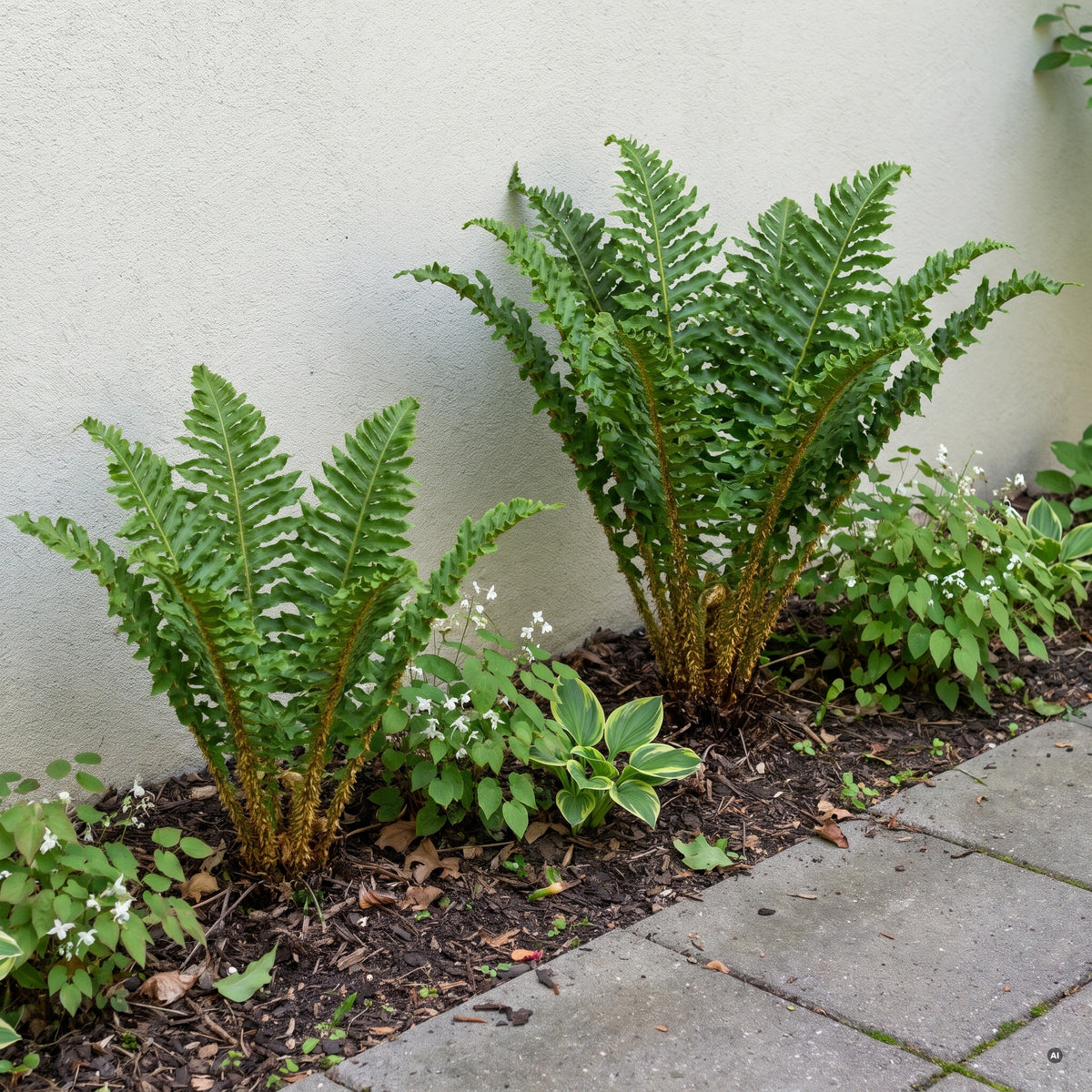 Krauser Goldschuppenfarn Dryopteris affinis 'Crispa' mit gewellten, sattgrünen Wedeln in einem schattigen Beet an der Nordseite eines Hauses, daneben Elfenblumen und eine Funkie