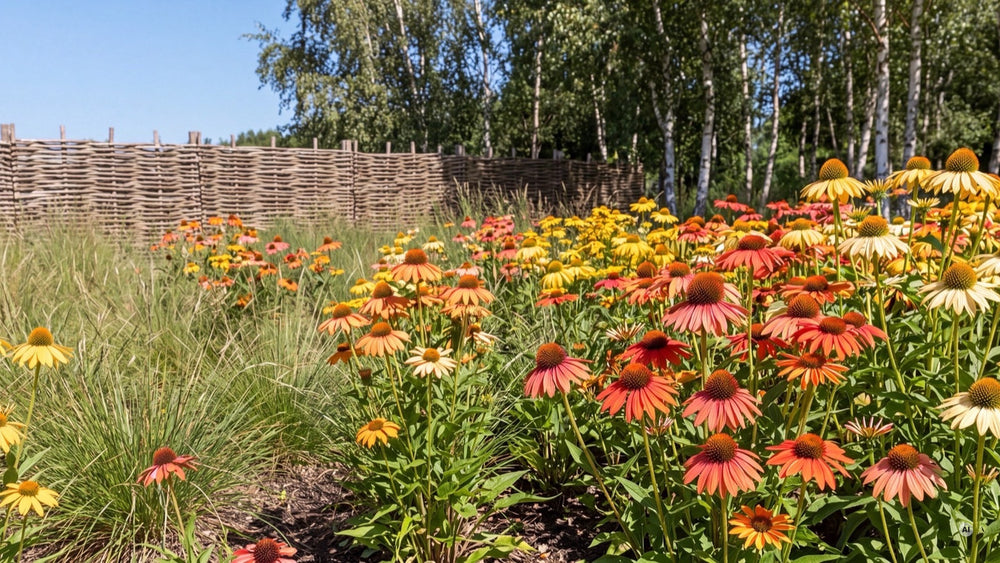 Sonniges Präriebeet mit 'Cheyenne Spirit' in allen Farben am Weidenzaun, Birken dahinter