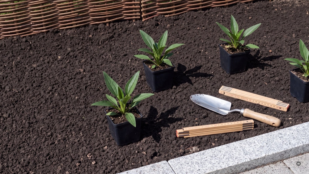 Junge Sonnenhüte im 9 x 9 cm Topf auf einem vorbereiteten Beet, bereit zum Pflanzen