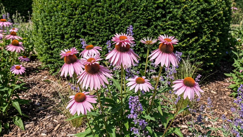 Sonnige Staudenrabatte mit rosa Sonnenhüten und Katzenminze vor einer Eibenhecke