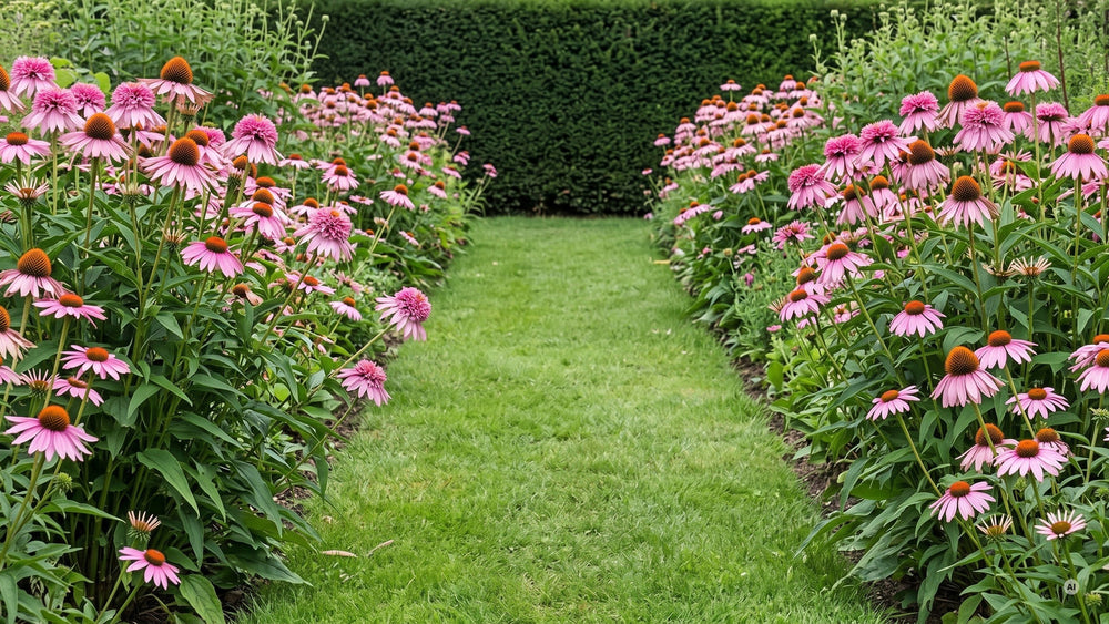 Rasenweg zwischen Staudenrabatten mit blühenden rosa Sonnenhüten