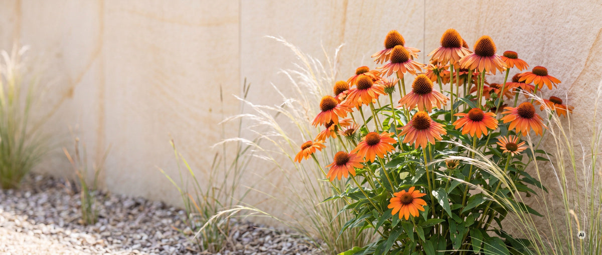 Orangefarbener Sonnenhut 'Lakota Orange' in voller Blüte im sonnigen Beet