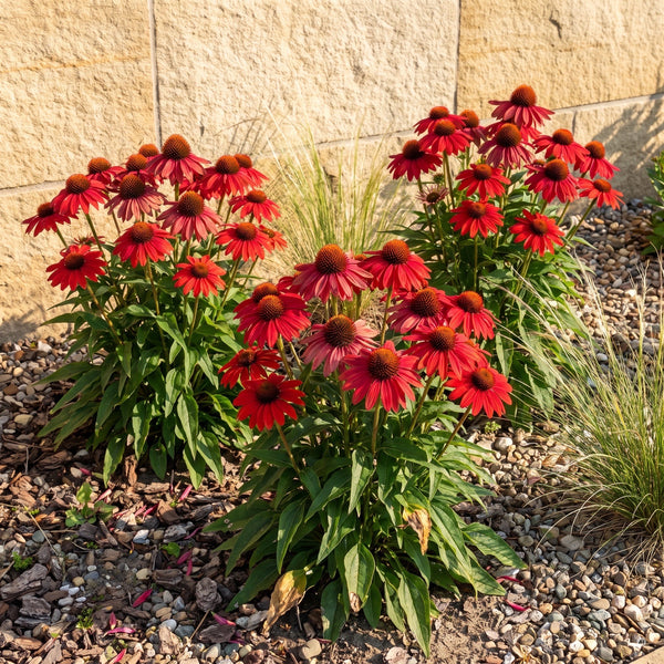 Roter Purpur-Sonnenhut Echinacea purpurea 'Lakota Red' in voller Blüte im Präriebeet vor einer Sandsteinmauer