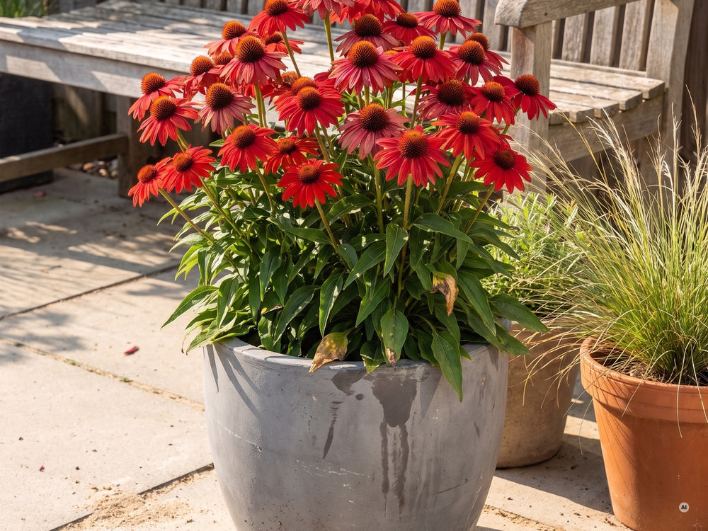 Roter Sonnenhut 'Lakota Red' in einem Kübel auf der sonnigen Terrasse