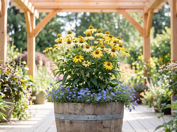 Sonnenhut 'Mellow Yellow' in einem halben Weinfass auf der Terrasse
