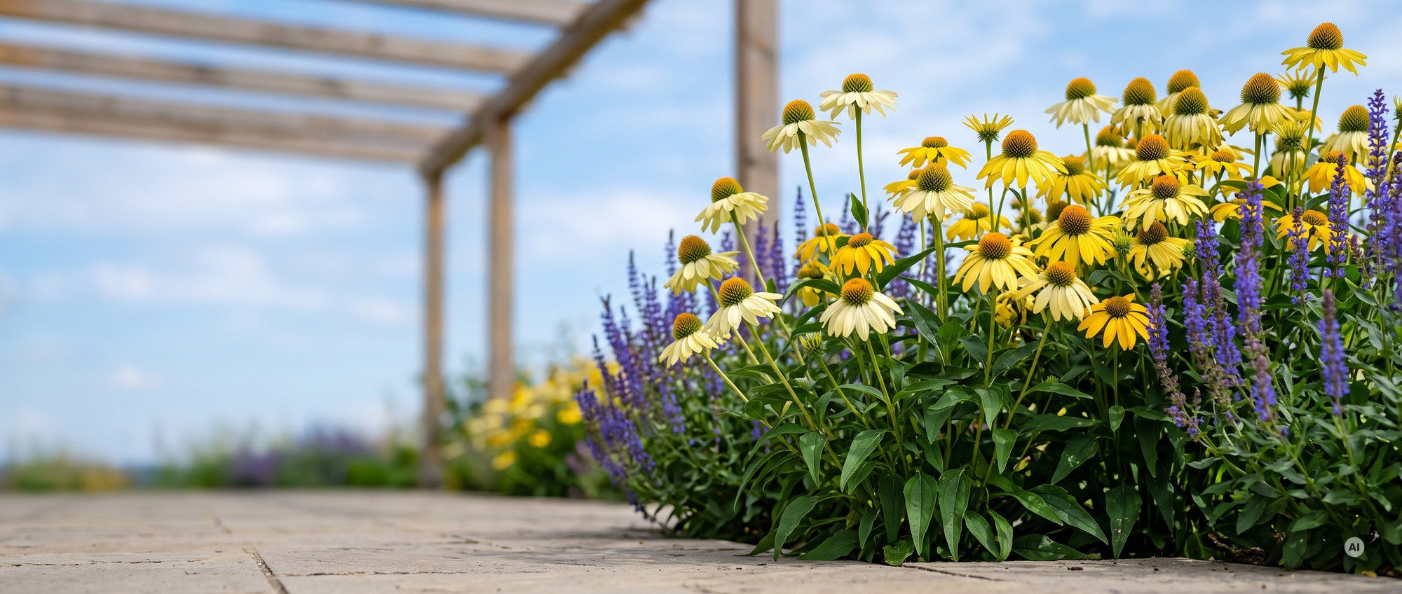 Gelbe Sonnenhüte 'Mellow Yellow' in Creme bis Goldgelb neben Steppensalbei vor einer Pergola