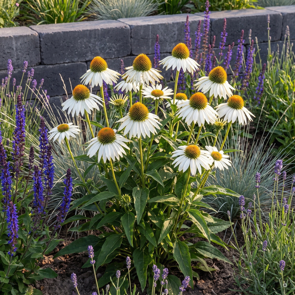 Weiße Sonnenhüte 'PowWow White' zwischen blauem Steppensalbei, Lavendel und silbrigem Gras vor einer Betonmauer