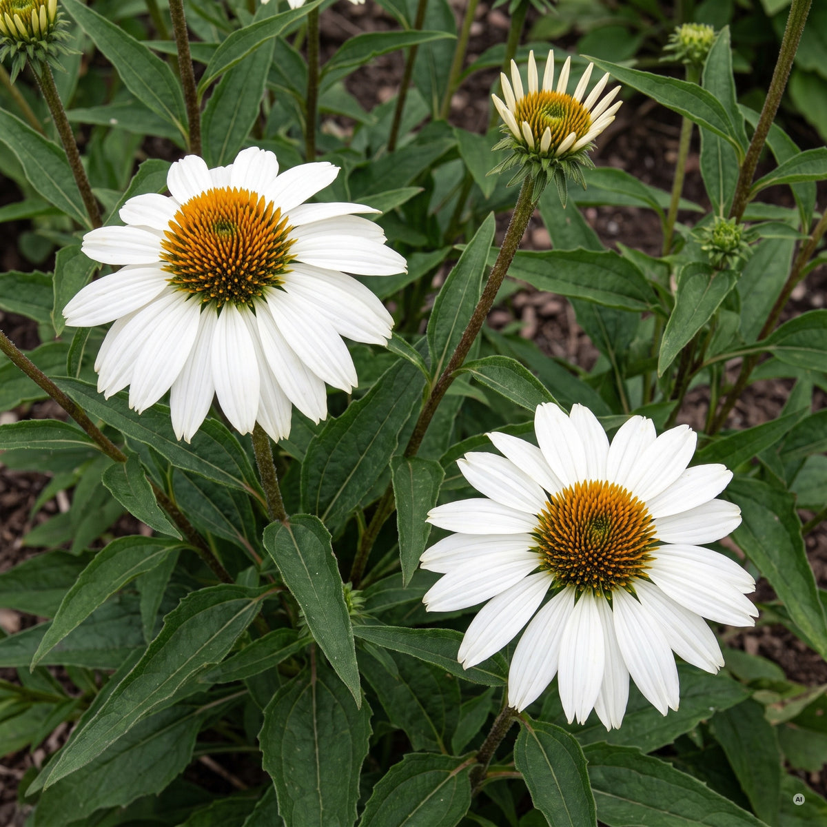 Nahaufnahme: reinweiße Blüten mit goldgelbem Kegel