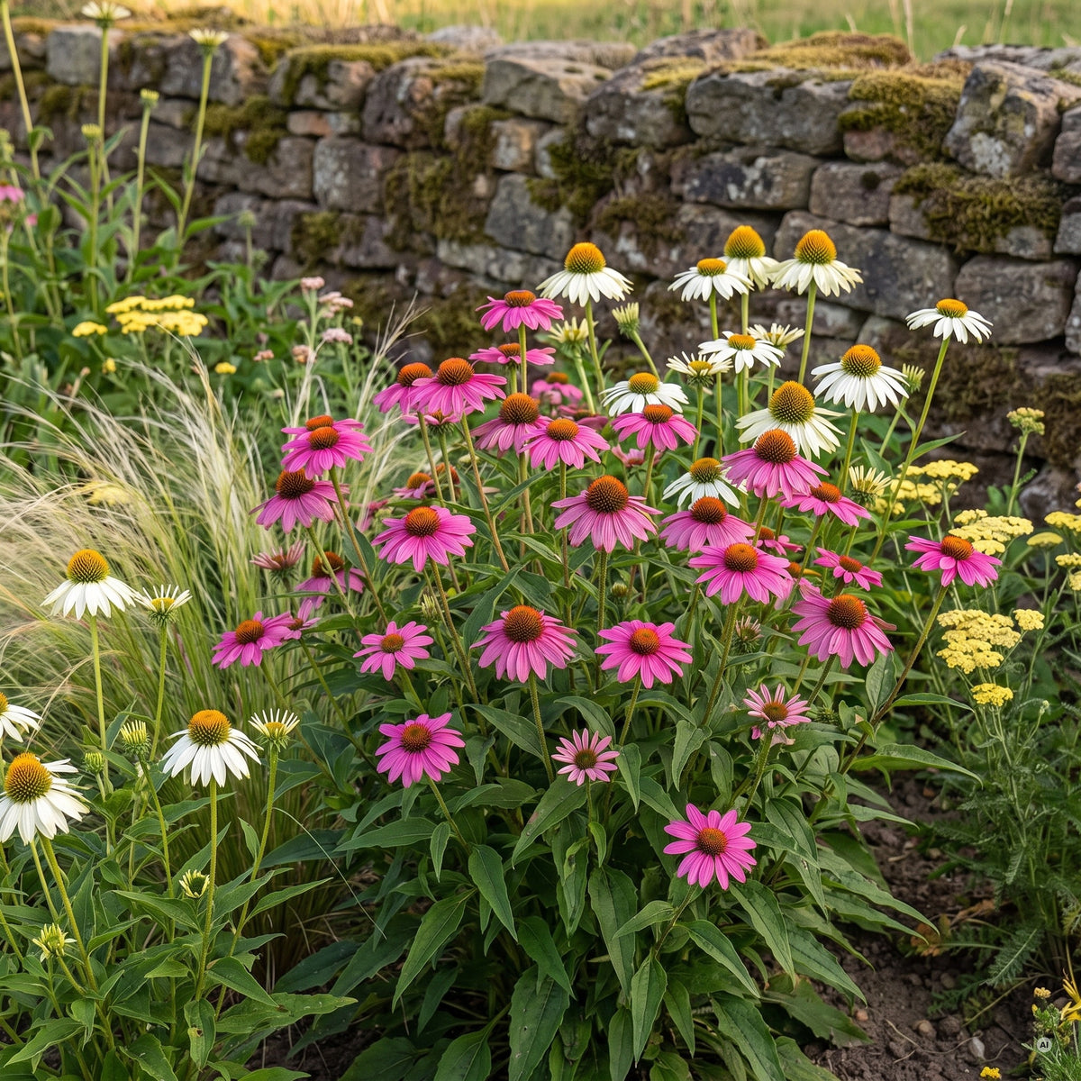 Beerenpinke 'PowWow Wild Berry' zusammen mit weißem Sonnenhut 'PowWow White', Federgras und Schafgarbe vor einer Trockenmauer