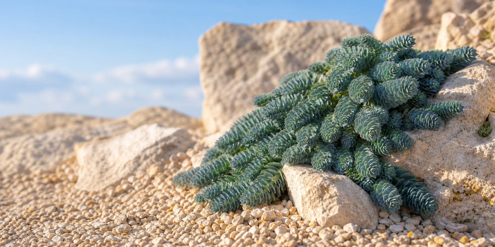 Walzen-Wolfsmilch Euphorbia myrsinites von Stauden Gänge mit blaugrauen, spiralig beschuppten Trieben zwischen hellen Steinen.