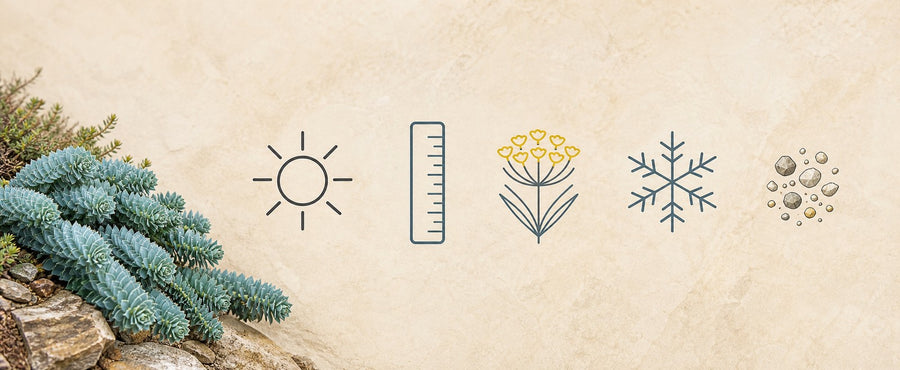 Schnellfakten-Grafik zur Walzen-Wolfsmilch mit Symbolen für Sonne, Wuchshöhe, Blüte, Winterhärte und mageren Boden.