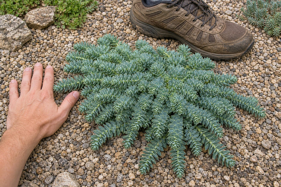 Polster der Walzen-Wolfsmilch neben einer Hand und einem Gartenschuh als Größenmaßstab.