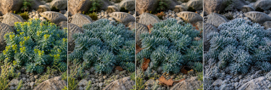 Die Walzen-Wolfsmilch im Jahresverlauf: gelbe Blüte im Frühjahr, blaugraue Skulptur im Sommer, Farbe im Herbst, Raureif im Winter.