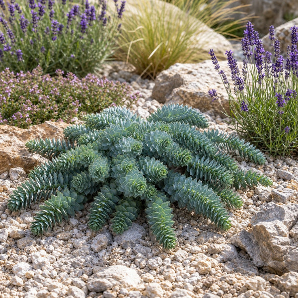 Walzen-Wolfsmilch im Kiesgarten neben Lavendel, Thymian und Gräsern.