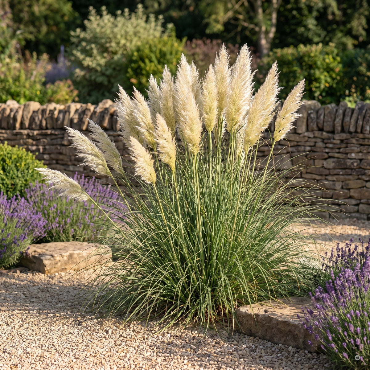 Cortaderia selloana 'Evita' im Kiesgarten zwischen Gräsern und Stauden, silbrig-weiße Wedel im Spätsommer.