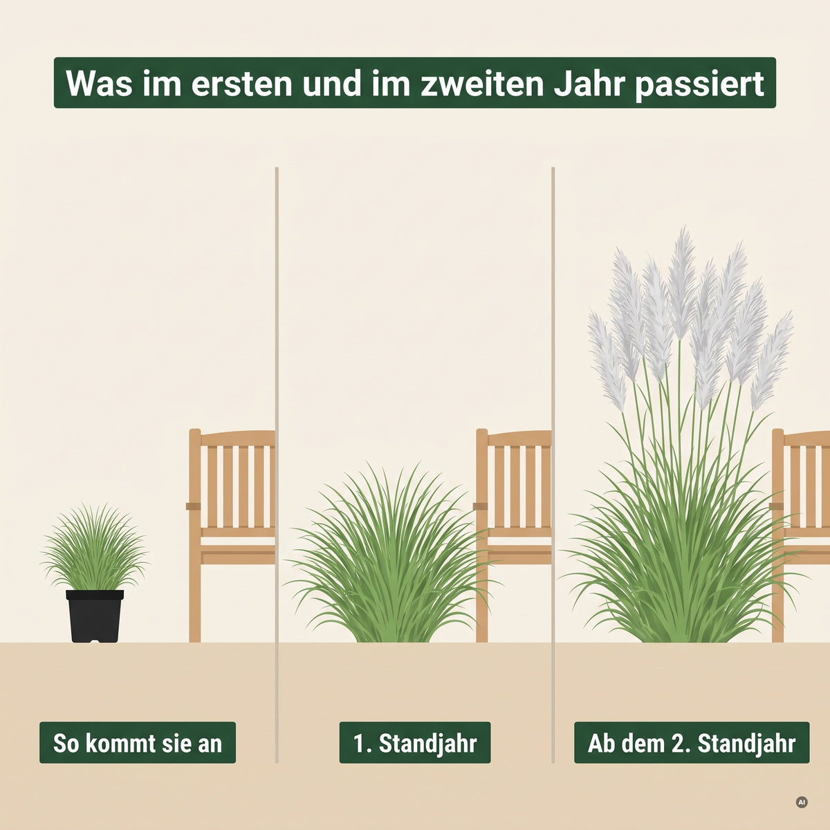 Cortaderia selloana 'Evita' im Jahresverlauf: Austrieb im Frühjahr, Blüte ab August, Winterstruktur.