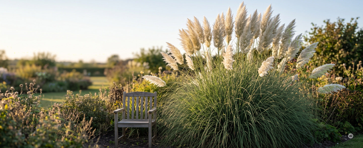 Kompaktes Pampasgras Cortaderia selloana 'Evita' im Garten: silbrig-wei&szlig;e Federwedel auf etwa 120 cm H&ouml;he &uuml;ber einem gut 150 cm breiten Horst
